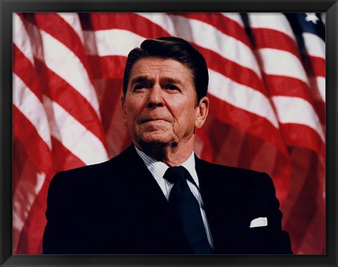 Framed President Ronald Reagan with American Flag Print