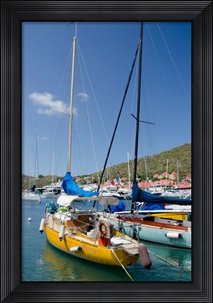 Framed Colorful boats, Gustavia, Shell Beach, St Bart&#39;s, West Indies Print