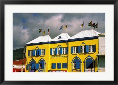 Framed Bright Colorful Building, St Kitts, Caribbean Print