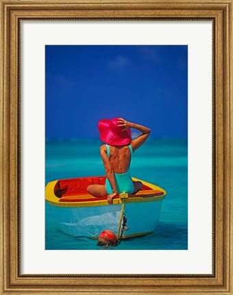 Framed Woman in Boat with Pink Straw Hat, Caribbean Print