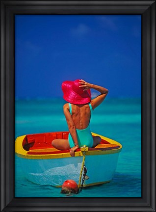 Framed Woman in Boat with Pink Straw Hat, Caribbean Print