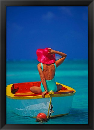 Framed Woman in Boat with Pink Straw Hat, Caribbean Print