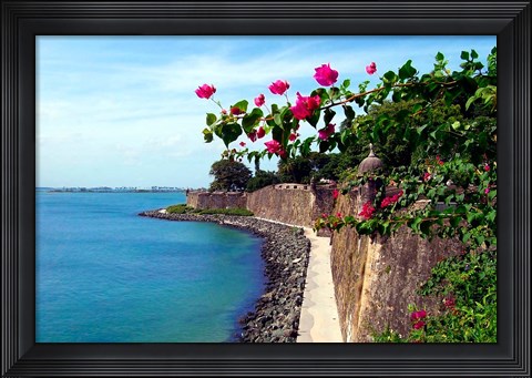 Framed Waterfront Walkway, Fort San Felipe del Morro, San Juan, Puerto Rico, Print
