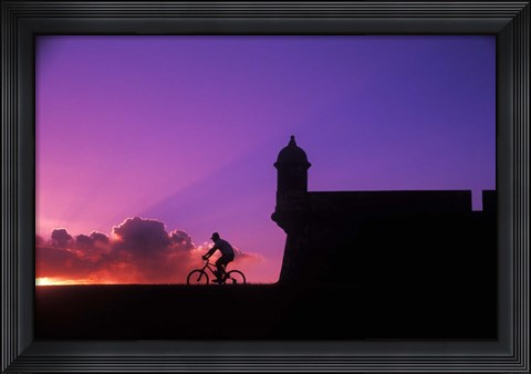 Framed Sunset Bike Ride at El Morro Fort, Old San Juan, Puerto Rico Print