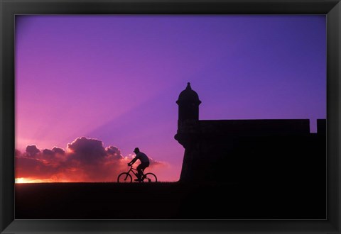 Framed Sunset Bike Ride at El Morro Fort, Old San Juan, Puerto Rico Print