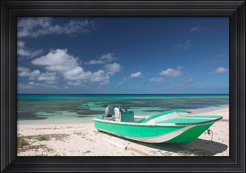 Framed Boat and Turquoise Water on Pillory Beach, Turks and Caicos, Caribbean Print
