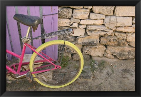 Framed Colorful Bicycle on Salt Cay Island, Turks and Caicos, Caribbean Print