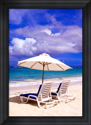 Framed Umbrellas On Dawn Beach, St Maarten, Caribbean Print