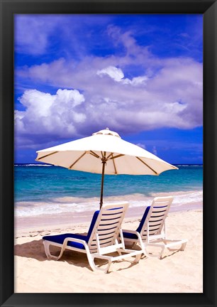 Framed Umbrellas On Dawn Beach, St Maarten, Caribbean Print