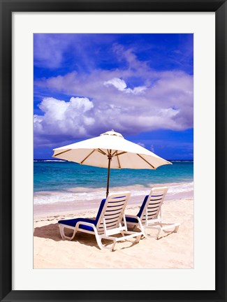 Framed Umbrellas On Dawn Beach, St Maarten, Caribbean Print