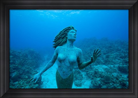 Framed Cayman Islands, Mermaid statue, coral reef Print