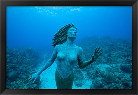 Framed Cayman Islands, Mermaid statue, coral reef Print