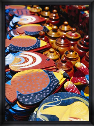 Framed Shopping items in street market, St Martin, Caribbean Print