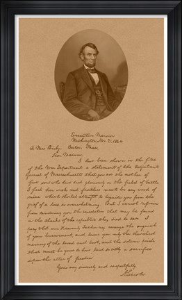 Framed President Abraham Lincoln and His Letter to Mrs Bixby Print