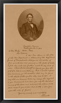 Framed President Abraham Lincoln and His Letter to Mrs Bixby Print