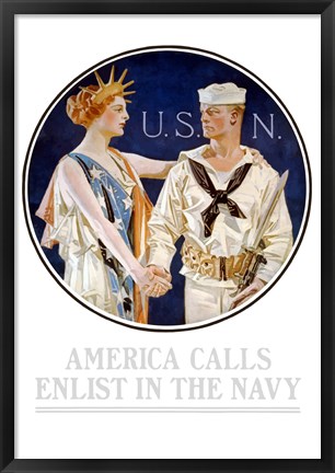 Framed Vintage World War II - Liberty Shaking Hands with a Sailor Print