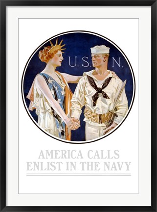 Framed Vintage World War II - Liberty Shaking Hands with a Sailor Print