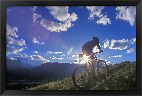 Framed Mountain Biker at Sunset, Canmore, Alberta, Canada Print