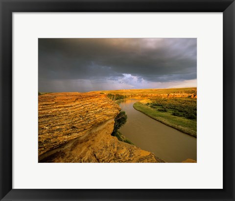 Framed Approaching storm on the Milk River at Writing on Stone Provincial Park, Alberta, Canada Print
