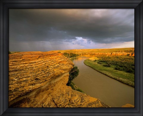 Framed Approaching storm on the Milk River at Writing on Stone Provincial Park, Alberta, Canada Print