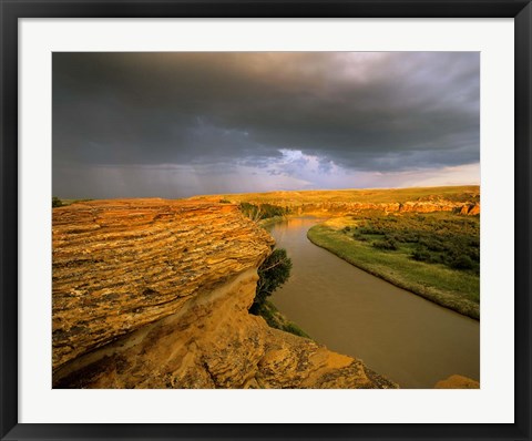 Framed Approaching storm on the Milk River at Writing on Stone Provincial Park, Alberta, Canada Print