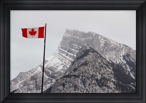 Framed Canada, Alberta, Banff Mountain view with flag Print