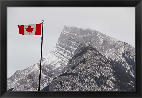 Framed Canada, Alberta, Banff Mountain view with flag Print