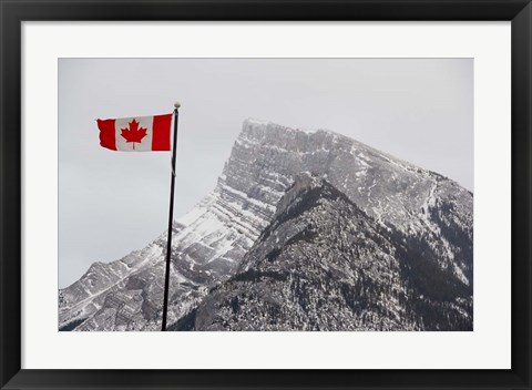 Framed Canada, Alberta, Banff Mountain view with flag Print