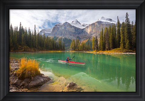 Framed Kayaker on Maligne Lake, Jasper National Park, Alberta, Canada Print