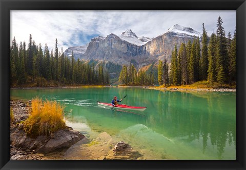 Framed Kayaker on Maligne Lake, Jasper National Park, Alberta, Canada Print