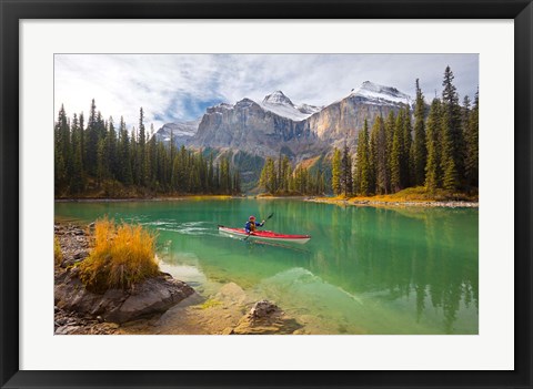 Framed Kayaker on Maligne Lake, Jasper National Park, Alberta, Canada Print