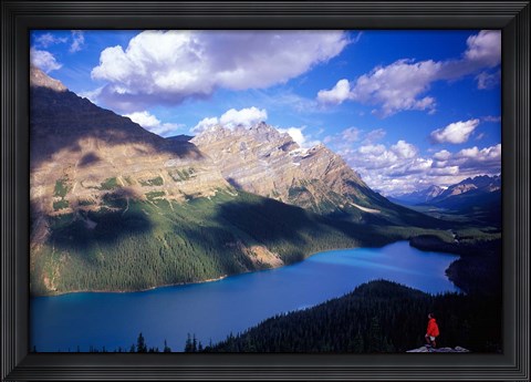 Framed Hiker Overlooking Peyto Lake, Banff National Park, Alberta, Canada Print