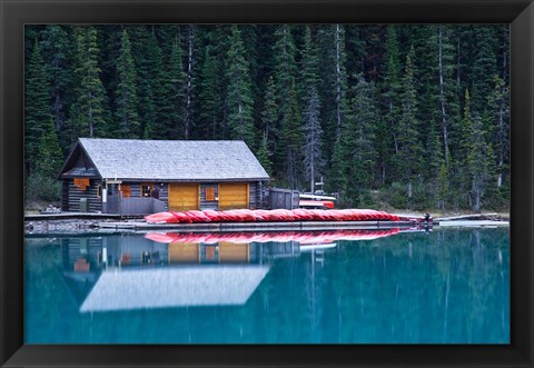 Framed Canoe rental house on Lake Louise, Banff National Park, Alberta, Canada Print