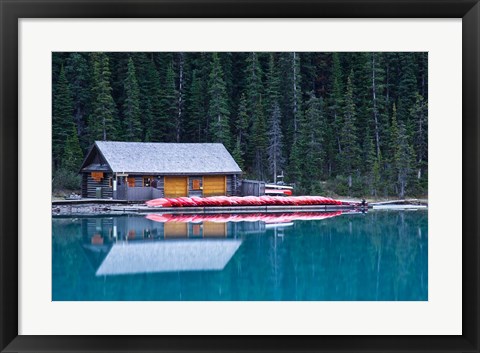 Framed Canoe rental house on Lake Louise, Banff National Park, Alberta, Canada Print