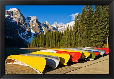 Framed Moraine Lake and rental canoes stacked, Banff National Park, Alberta, Canada Print