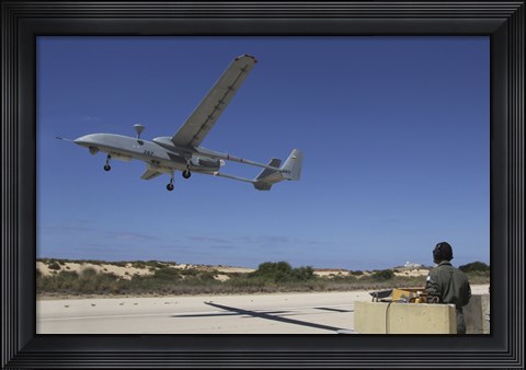 Framed IAI Heron Unmanned Aerial Vehicle takes off the runway Print