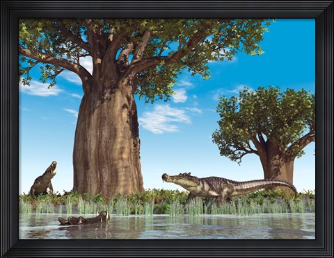 Framed Kaprosuchus crocodyliforms near a baobab tree in a prehistoric landscape Print