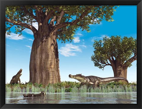 Framed Kaprosuchus crocodyliforms near a baobab tree in a prehistoric landscape Print