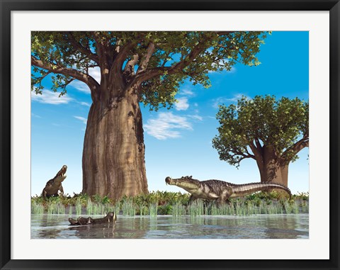 Framed Kaprosuchus crocodyliforms near a baobab tree in a prehistoric landscape Print