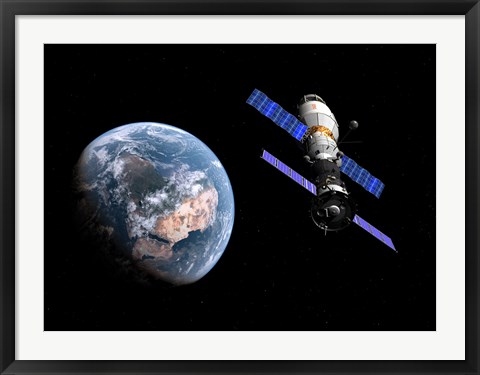 Framed manned Soyuz TMA-M spacecraft docked with an extended stay module Print