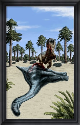 Framed Carnotaurus eating the flesh of a dead Chubutisaurus Print
