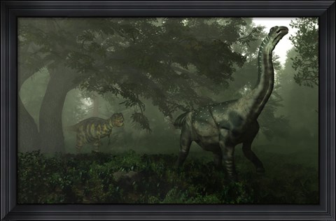 Framed Antarctosaurus stalked by Abelisaurus in a prehistoric landscape Print