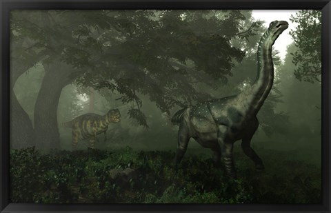 Framed Antarctosaurus stalked by Abelisaurus in a prehistoric landscape Print