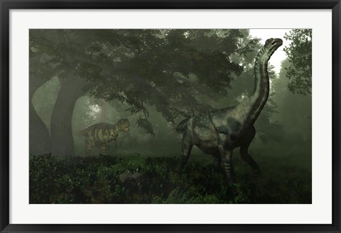 Framed Antarctosaurus stalked by Abelisaurus in a prehistoric landscape Print