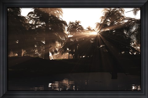 Framed Late Devonian sun sets behind a forest of Archaeopteris plants Print