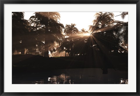 Framed Late Devonian sun sets behind a forest of Archaeopteris plants Print
