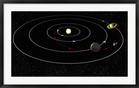 Framed Artist&#39;s concept illustrating the gravity assist maneuver used by spacecraft Print