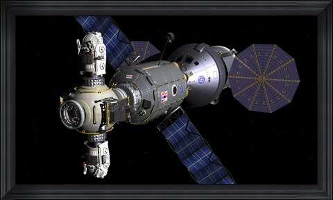 Framed Artist&#39;s concept of a Deep Space Vehicle with Extended Stay Module and Manned Maneuvering Vehicles Print