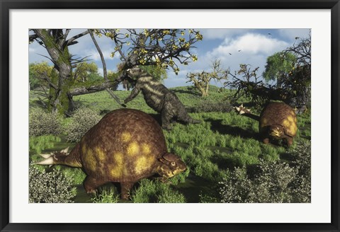 Framed Prehistoric glyptodonts graze on grassy plains An Eremotherium is in the background Print