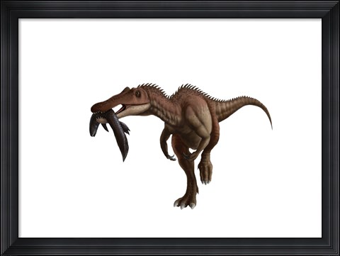 Framed Baryonyx dinosaur with a fish in mouth, white background Print